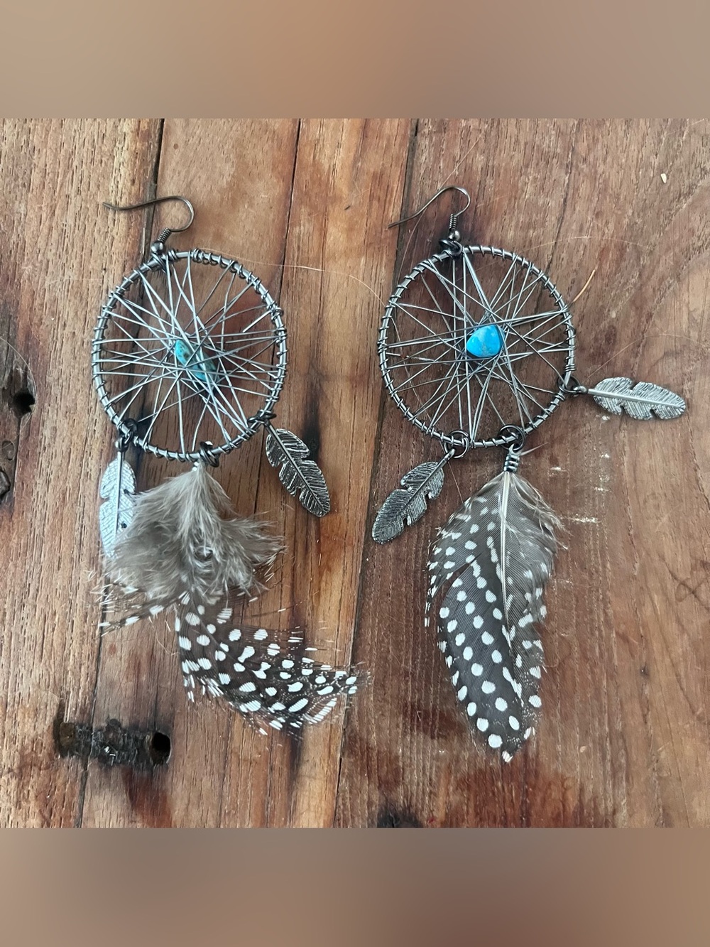 Antique Silver Tone Metal Dream Catcher Drop Earrings Turquoise stone Feathers
